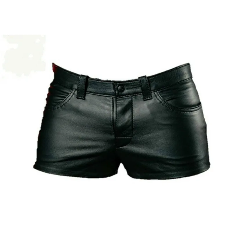 Mens Summer Sex Black Leather Shorts Mens Casual Skinny Motorcycle Riding PU Leather Shorts Street Boxer club Punk Short Pants