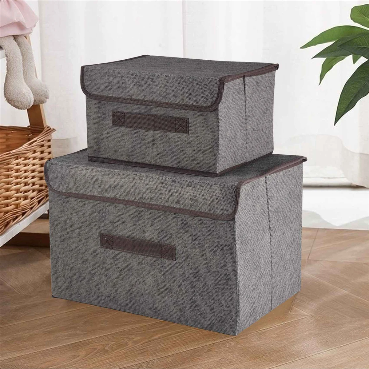 3 Pack Foldable Storage Boxes with Lids,Fabric Storage Basket Organiser for Wardrobe,Closet,Shelf(Gray)