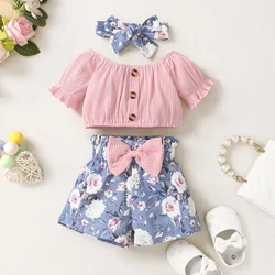 3 - 2 Years Summer Toddler Baby Girls Clothes Pink Top + Bow Print  Blue Shorts 2Pcs Set Infant Fashion Clothes Baby Outfit