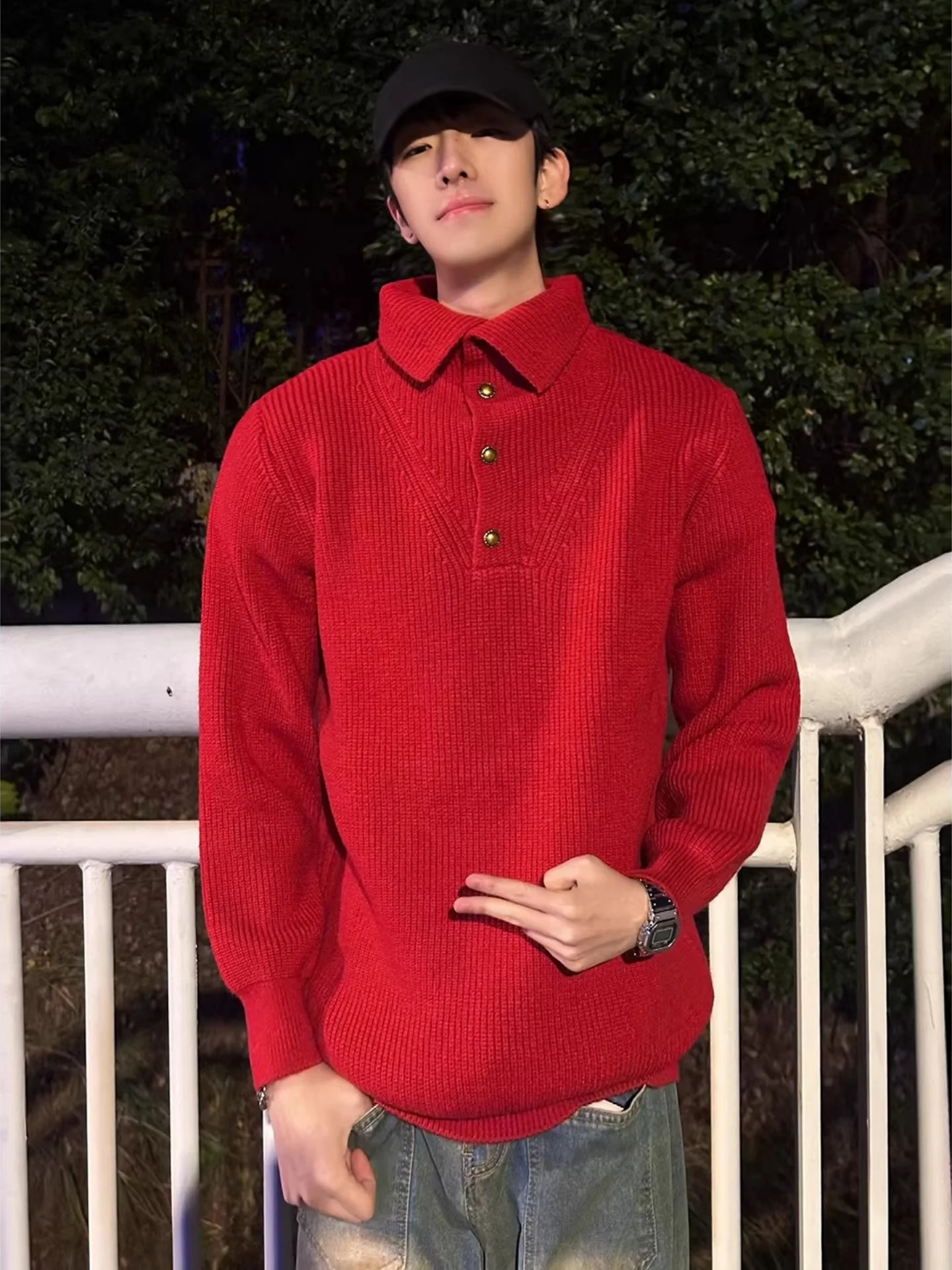 

Мужской зимний вязаный свитер с красным воротником, утолщенный, в повседневном стиле, на пуговицах, из теплой шерстяной пряжи, высокое качество, модный