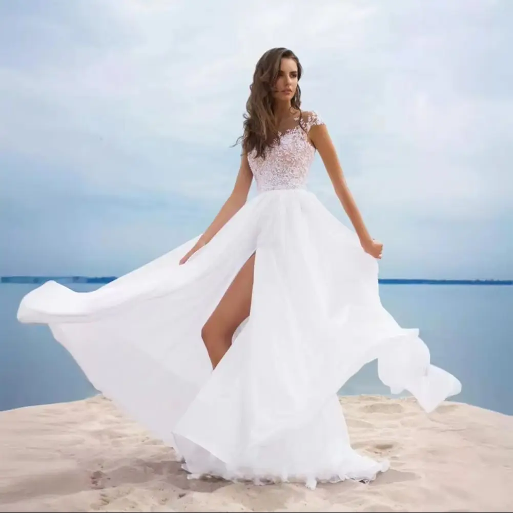 2025 Women White Bridesmaid Dress A-Line Boho Wedding Dresses Long Chiffon Slit Bridesmaid Dress Lace V-Neck Evening Gown