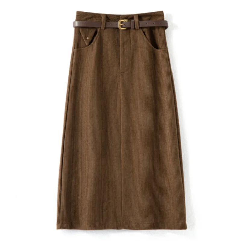 

Autumn Winter High Waist Vintage Corduroy Women's A-line Skirts with Belted 2025 New Casual Loose Sheath Midi Wrap Skirts Female