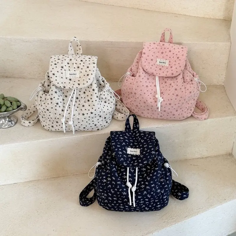 Women Beige Star Print Canvas Backpack with Flap Drawstring Casual School Bag for Girls Daily Travel Daypack