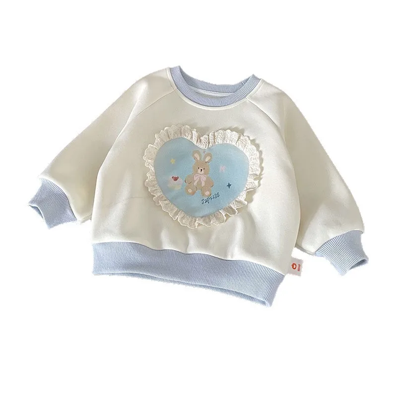 Spot GoodsQY259665Girls' Sweater2025Autumn New Round Neck Color-Block Heart Patch Fleece-Lined Top
