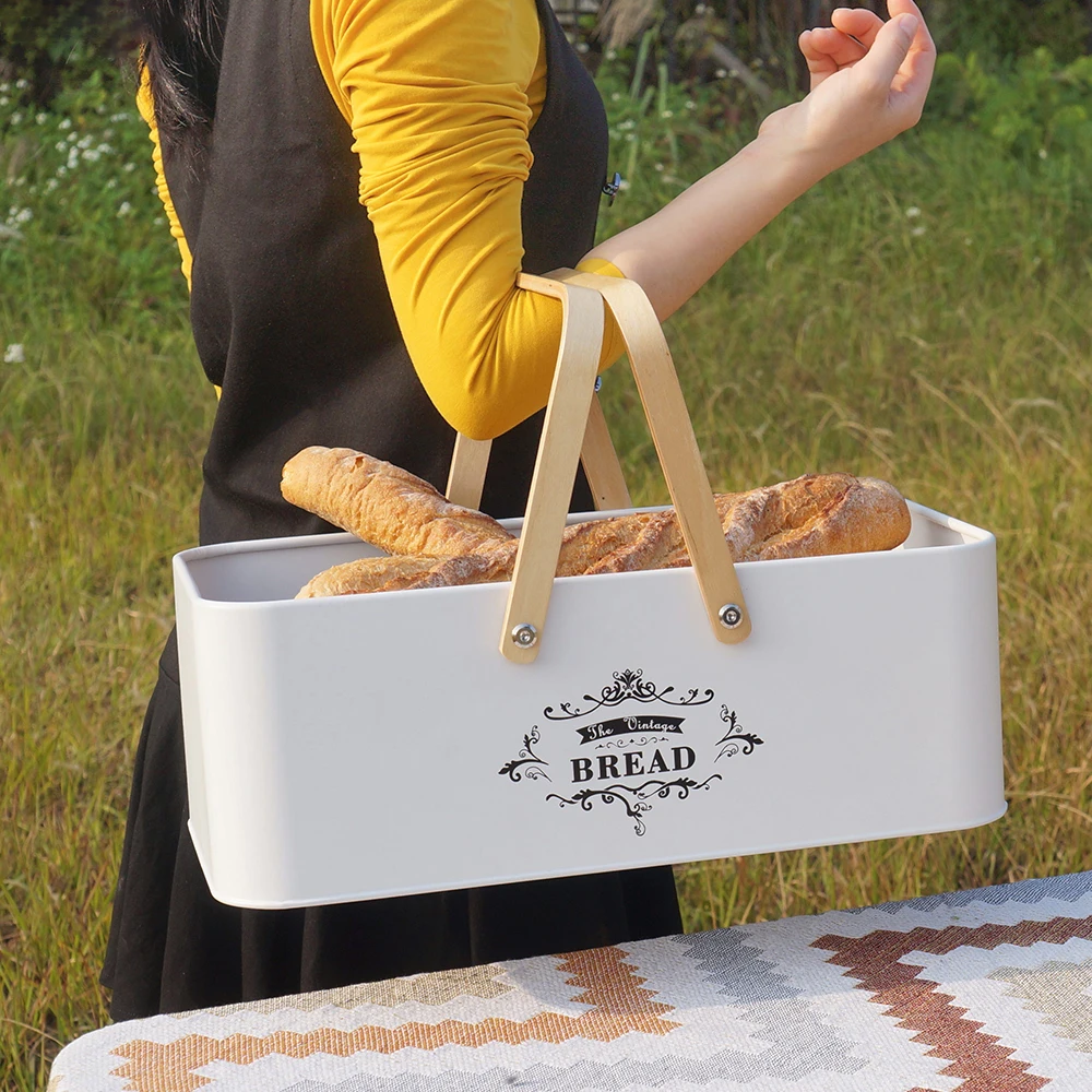 Large Metal Bread Box with Bamboo Lid, Handheld Bread Bin for Kitchen Counter, Outdoor Picnic Snack Storage Container