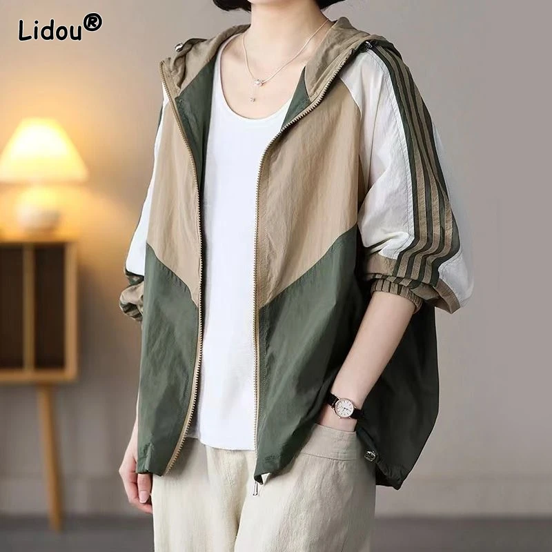 

2023 New Summer Fashion Minimalist Stripe Color Blocking Loose Casual Oversize Versatile Thin Breathable Sun Protection Jacket