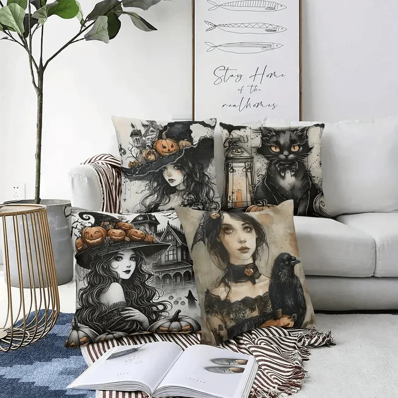 Set of 4 Gothic Halloween Throw Pillow Covers Print Bohemian Haunted House Cat Pumpkin Spooky Aesthetic Witchy Home Decor Cushio