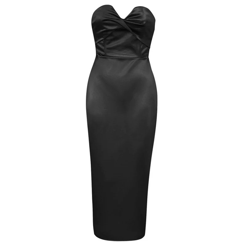 MSMUSI-Vestido Bodycon de cetim sem alças feminino, Drapinado, Dobrar, Sem mangas, Midi Magro, Monocromático, Clube, Eventos, Festa, Sexy, Nova Moda, 2022