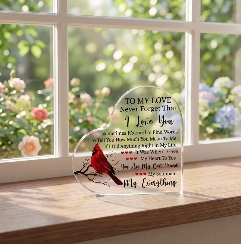 To My Love Cardinal Heart Acrylic Plaque, Romantic Anniversary Gift for Him, Wedding Valentine’s Day Gift for Husband Boyfriend, Freestanding Heart Shape Desk Decor