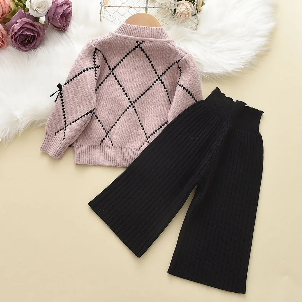 Winter Sweater Set Long Sleeved Single Breasted Bow Knit Top+Black Pants 2 Piece Sets Fashion New Children's Clothing