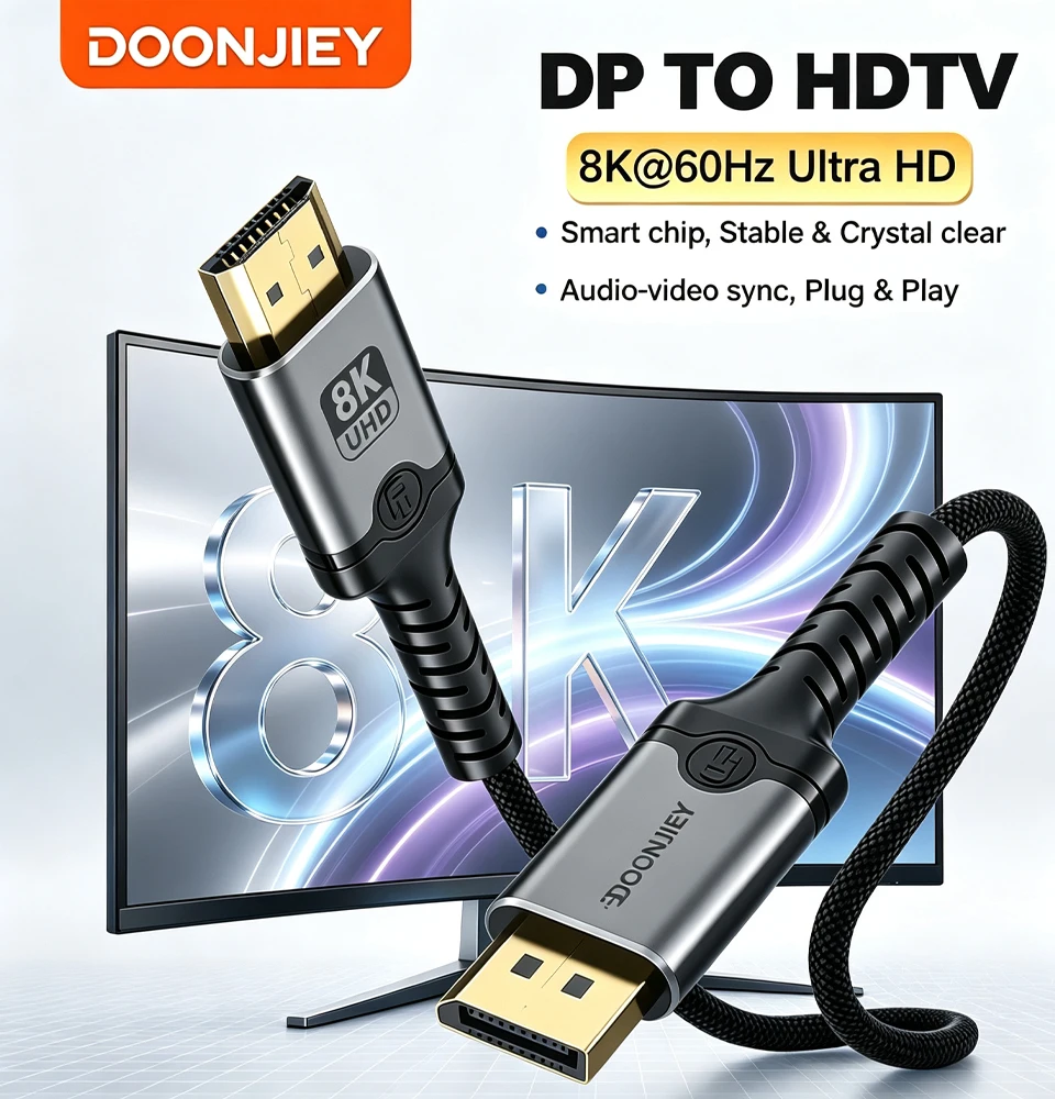 DOONJIEY DisplayPort to HDMI Cable Uni-Directional 8K DP Source Computer to HDMI Display Cord 4K for Laptops Monitor HDTV