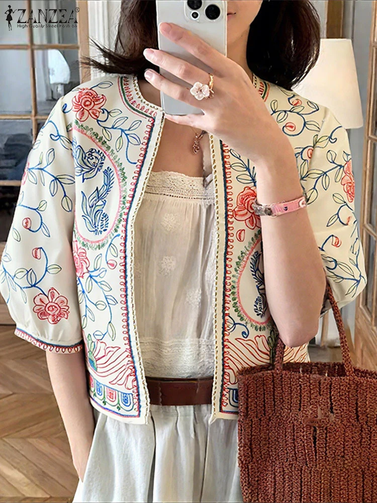 

ZANZEA Fashion Cardigans Women Half Sleeve Indie Folk Printed Shirts Autumn Kimono 2025 Vintage Tops Casual Loose Open Stitch