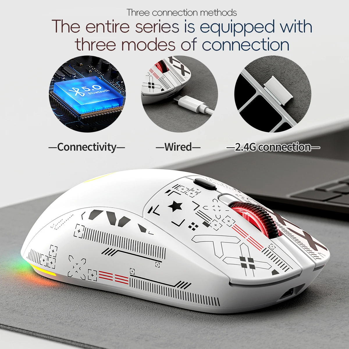 Souris de jeu YINDIAO G18 - troisième mode sans fil/filaire/BT, DPI réglable, conception ergonomique ultra légère pour les joueurs compétitifs