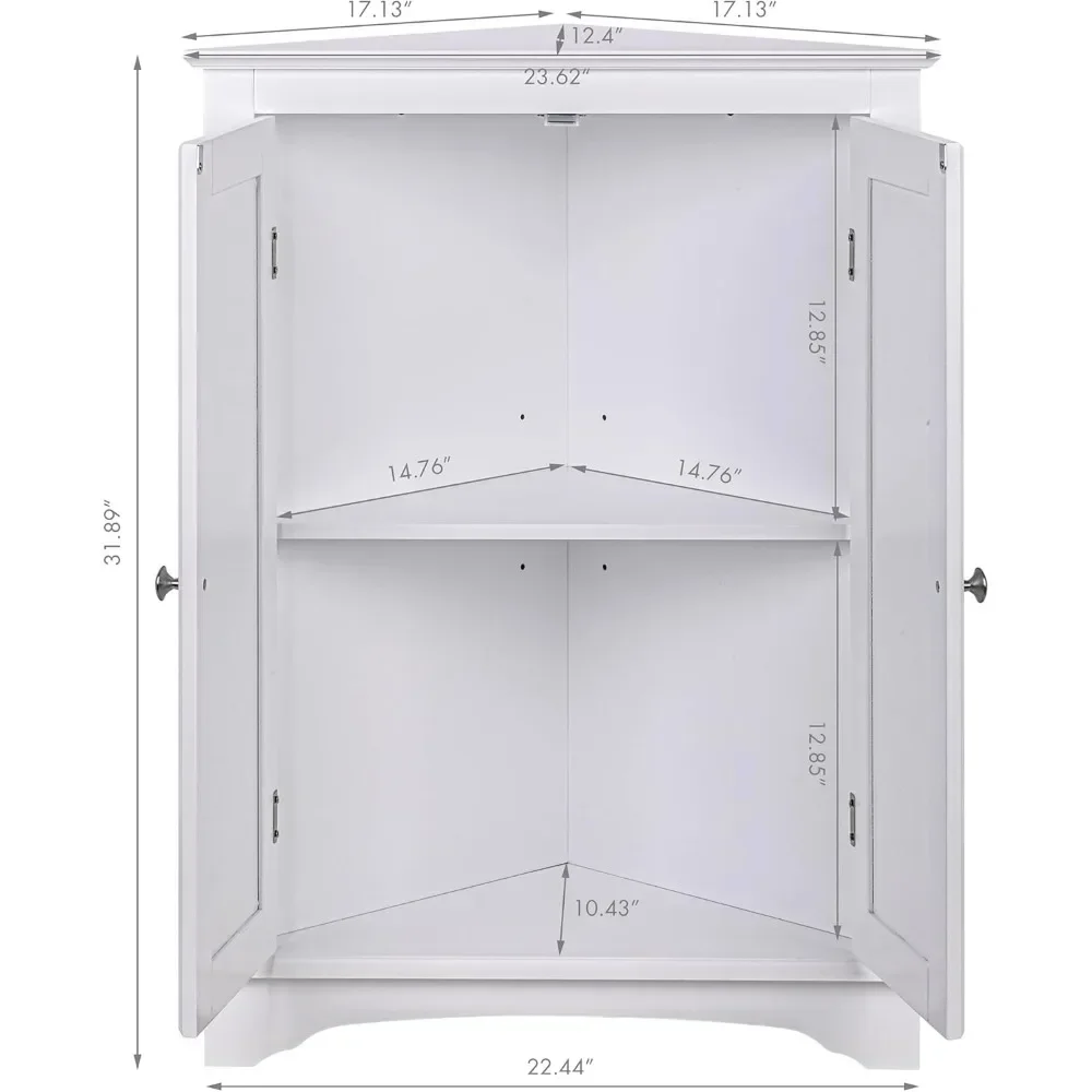 Home Floor Corner Cabinet with Two Doors and Shelves, Free-Standing Corner Storage Cabinets for Bathroom, Kitchen, Living Room