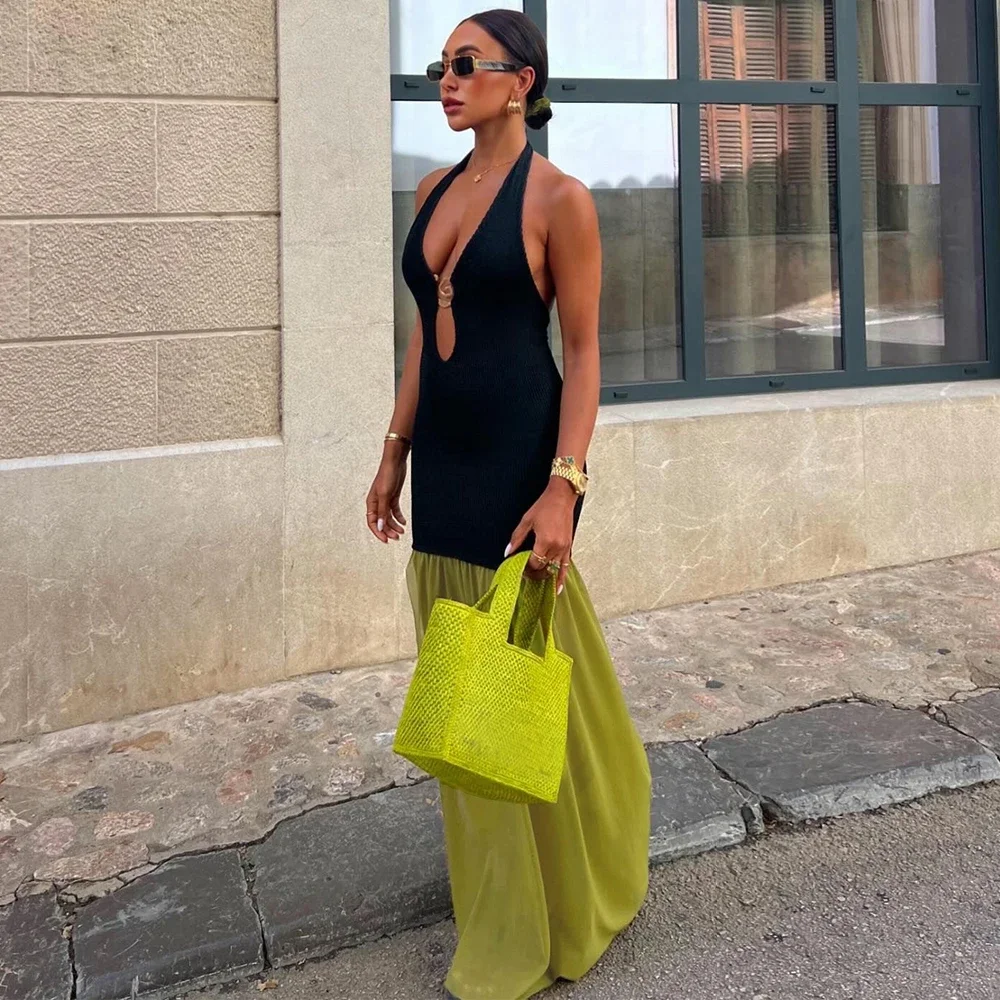 Robe Maxi Sexy dos nu découpée pour femmes, sans manches, Patchwork, décontractée, longue, tenue de soirée, printemps automne, vêtements Y2K