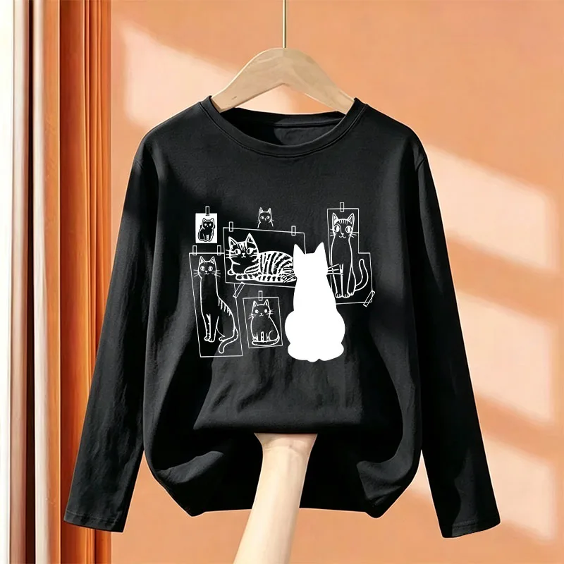 Harajuku Kawaii Comic Cat Print Cartoon T Shirts Kids Children's T-shirt Long Sleeve Boys Girls Autumn Casual Top Tee Shirt