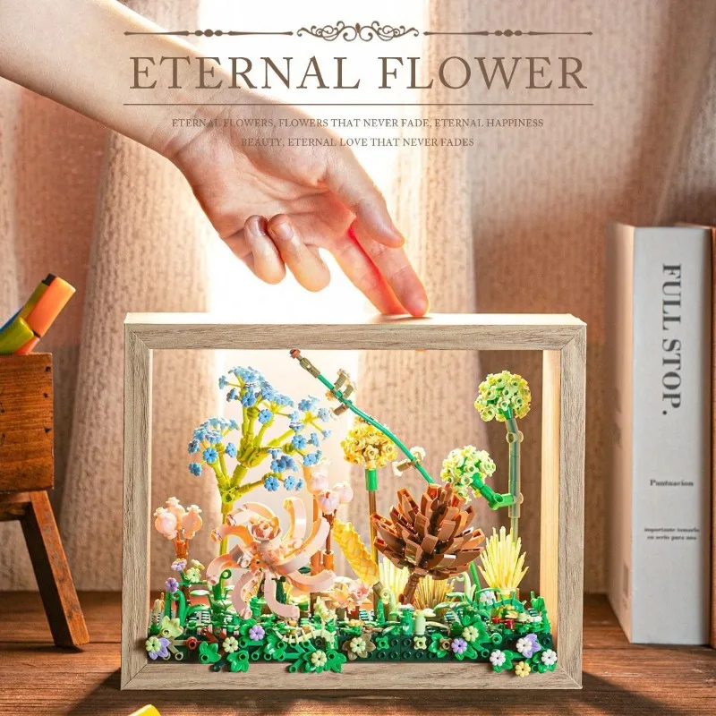 Vollkadz Eternal Flower Building Blocks with Wooden Frame, Lightable DIY Wall Hanging Ornament Gift for Girls