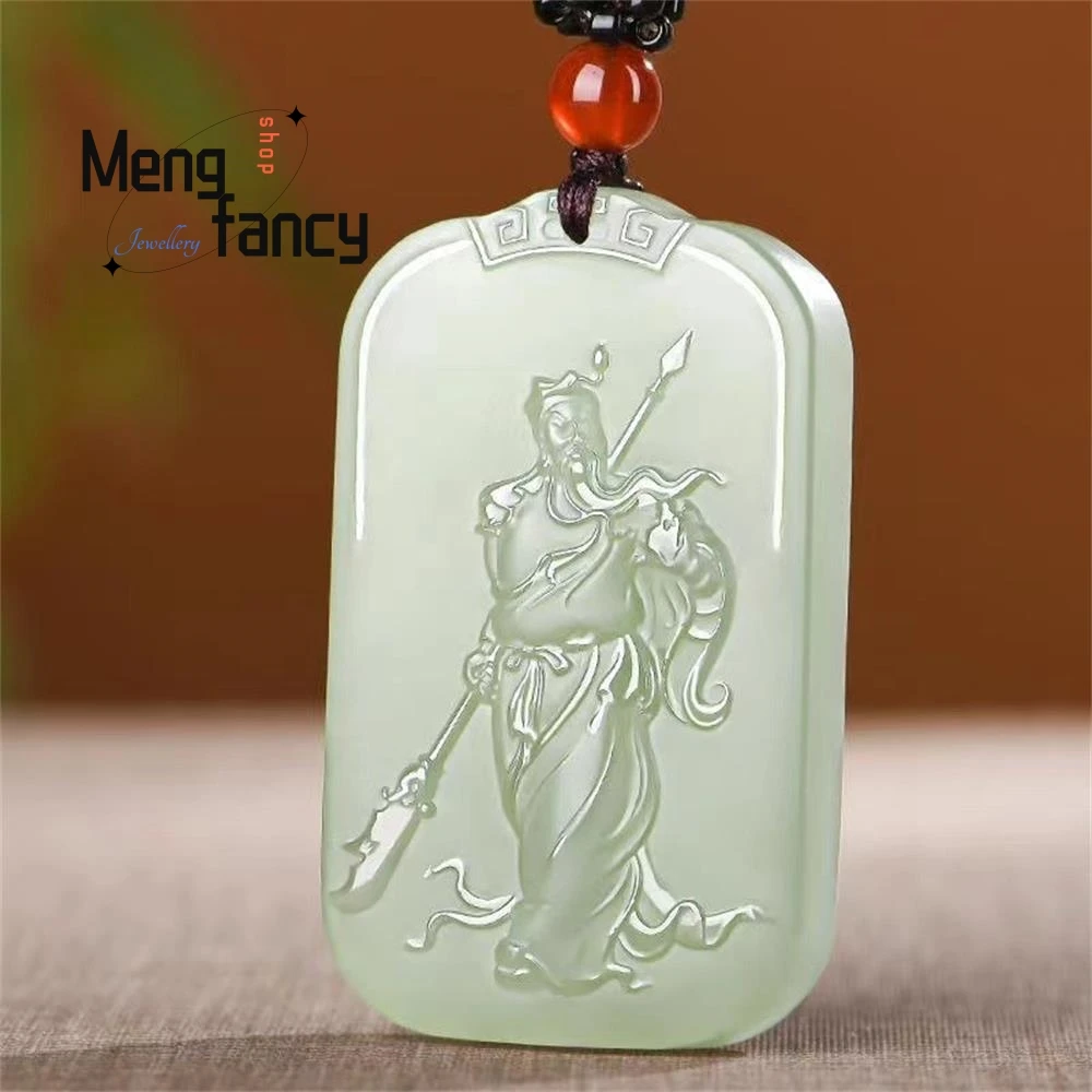 

Natural Afghan Greenish White Jade Double-sided Engraving Lord Guan Pendant National Style Fashion Jewelry Popular Holiday Gifts