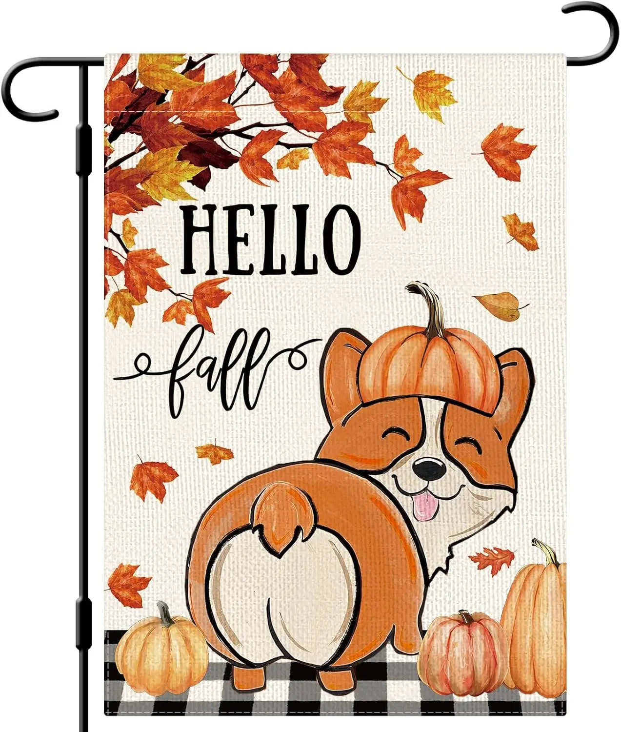 DLZDN Hello Fall Dog Garden Flag Corgi Pumpkins Maple Leaves Flag 12×18 Inch Double Side Vertical Burlap Farmhouse Yard Sign WZZ