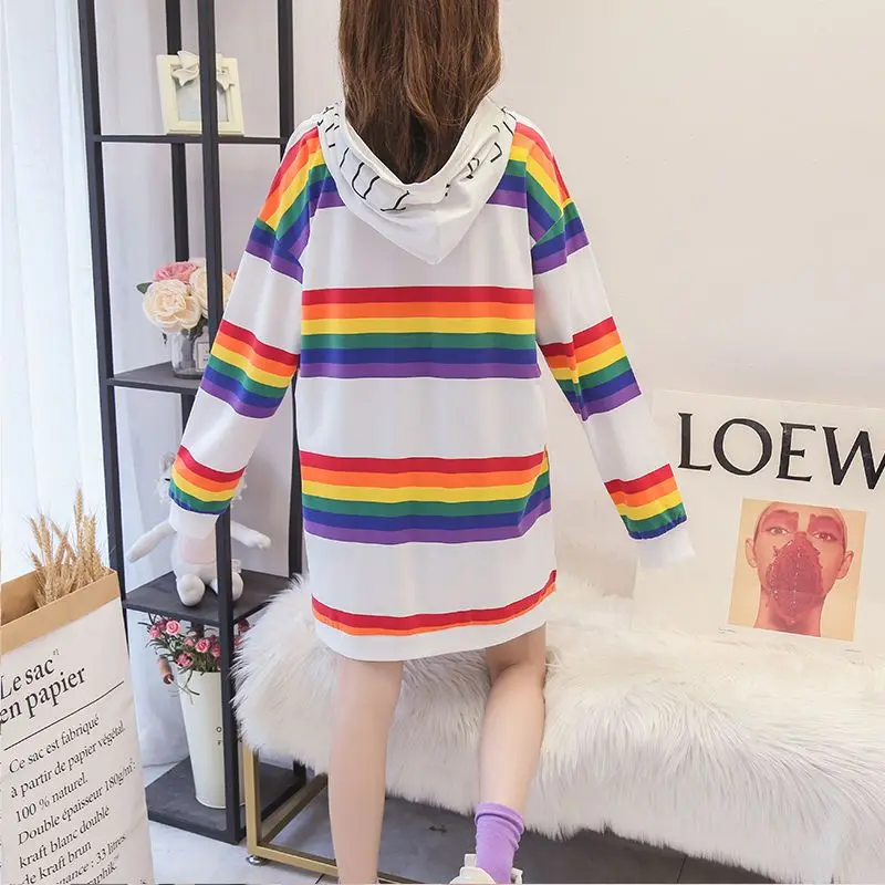 Womens Hoodies Rainbow Striped Long-sleeved T-shirt Spring Autumn New Loose Thin Casual Oversized Hooded Sweatshirt Women Tops