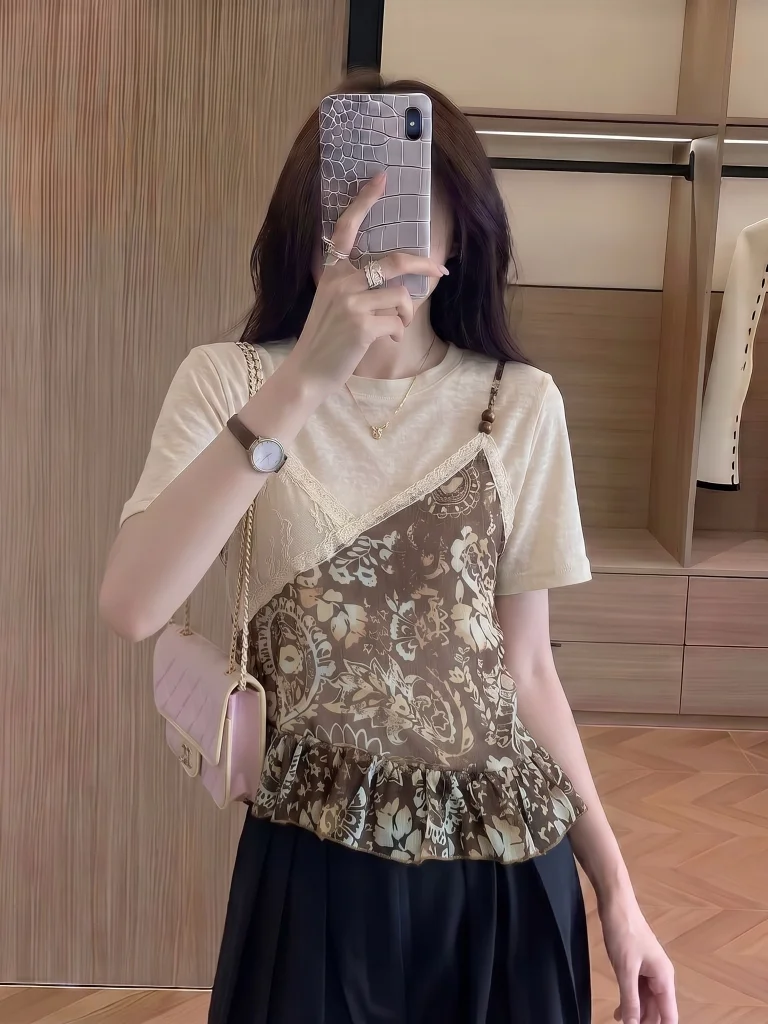 Summer New plus Size Beaded Short Sleeve T-Shirt Women's Shoulder Length Strap Top Korean Style Loose Fit Breathable Skin-Fri...