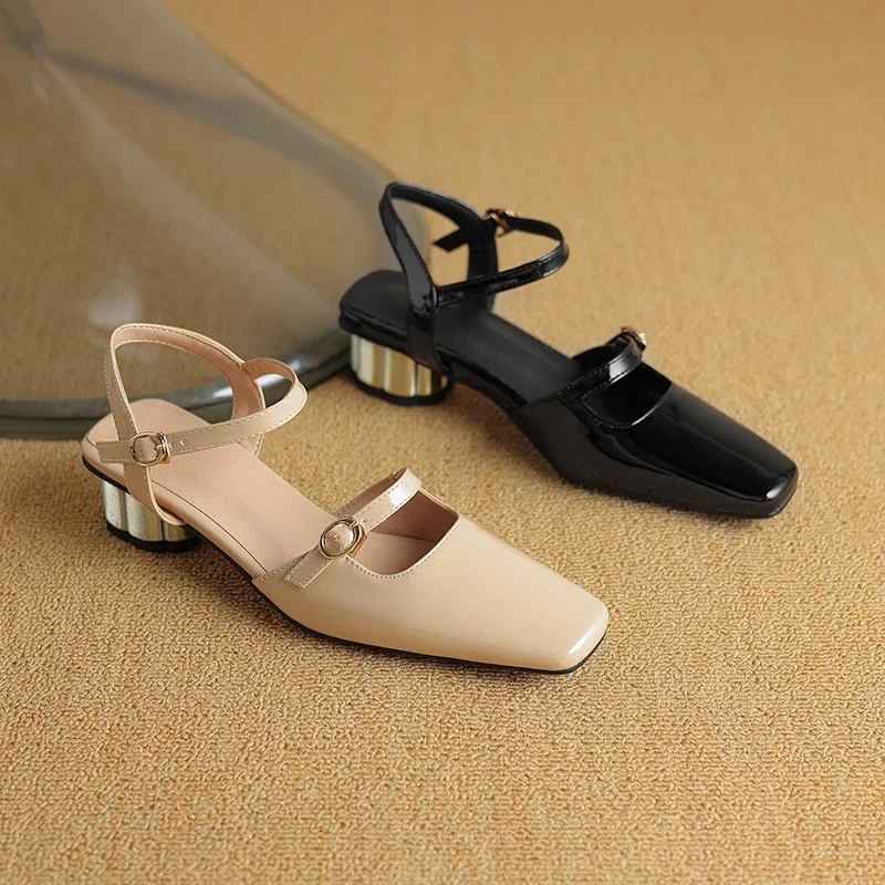 

New 2024 Women Slingback Sandals Square Toe 3.5cm Block Heels Patent Leather Buckle Straps Classic Vintage Pumps Big Size 43