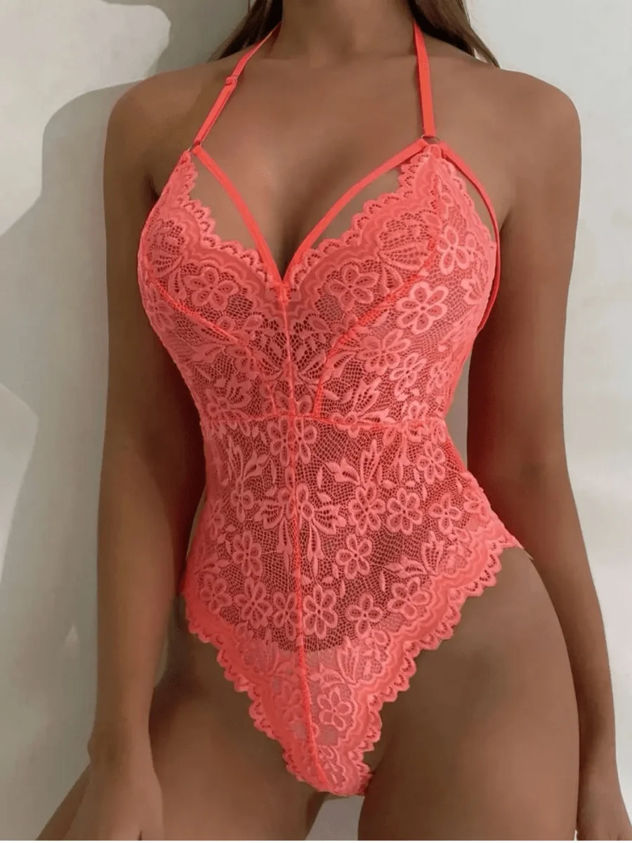 Sexy Crotchless Blue Lingerie Women Lace Hollow Bra Set Erotic Costumes Teddy Baby Doll Dress Deep V Open Bra Porn Underwear Set
