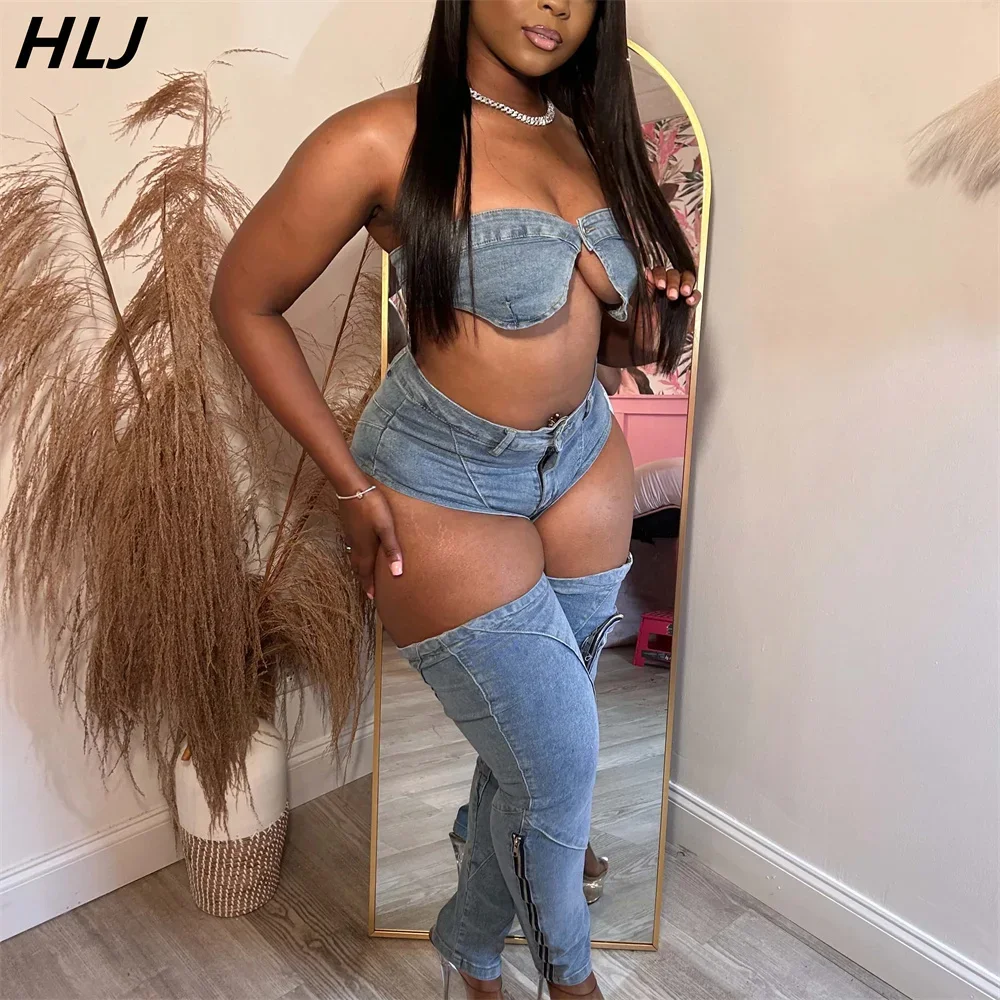 HLJ Sexy Denim Sleveless Hollow Out 2 Piece Sets Outfit Women Bikini Tops and Cargo Jean Pants Suits 2024 Y2K Cowboy Streetwear