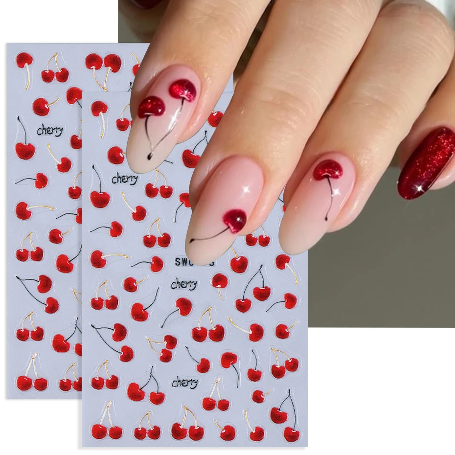 2pcs Red Cherry Nail Stickers Cartoon Tropical Cherry Fruit Design DIY Summer Cute Self-adhesive Flower Slider Manicure Decor