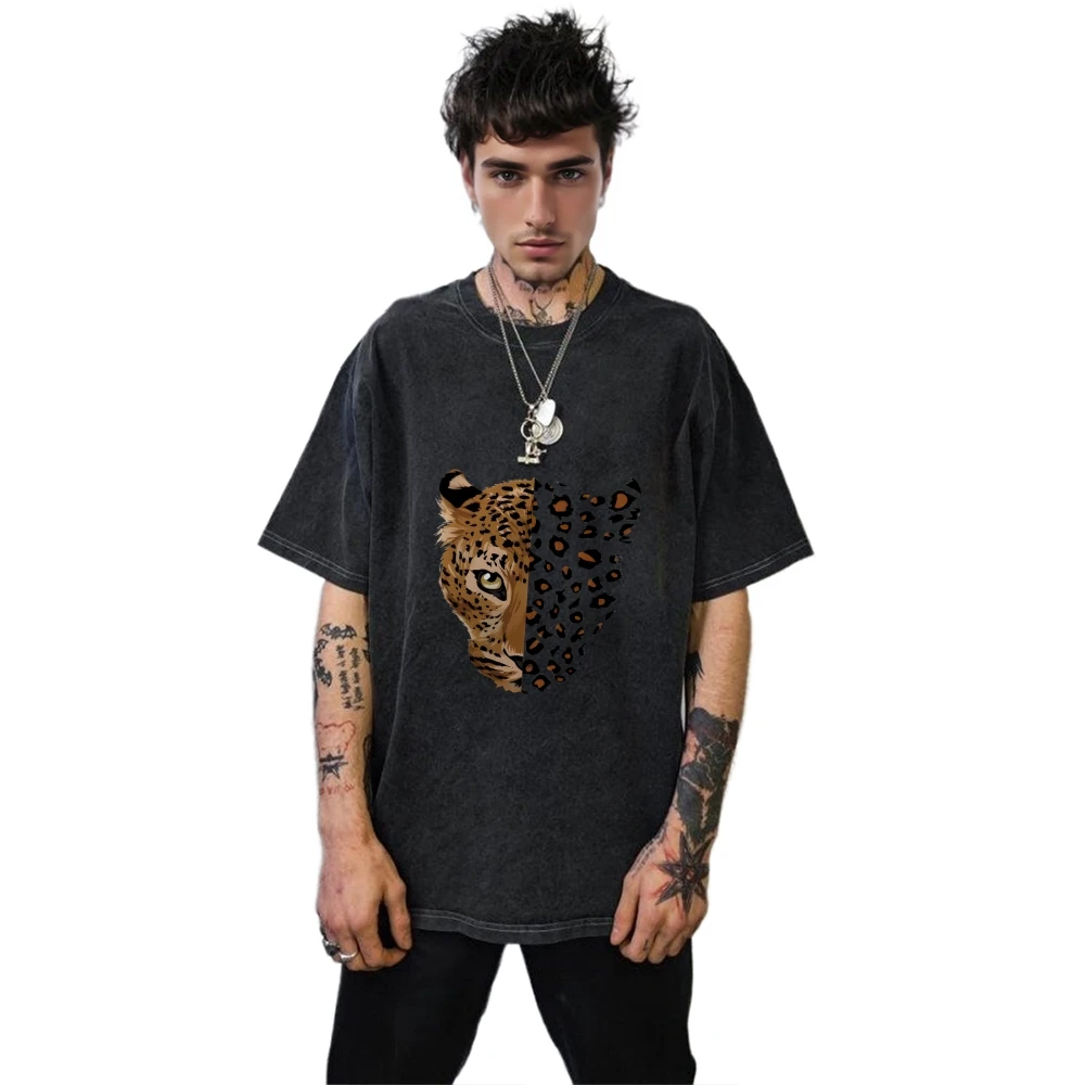 Vintage ล้างเสื้อยืดสีดําผู้หญิงผู้ชายเสือดาวพิมพ์ครึ่งหน้า Graphic Tee หลวม Fit Casual Streetwear Grunge Aesthetic Top