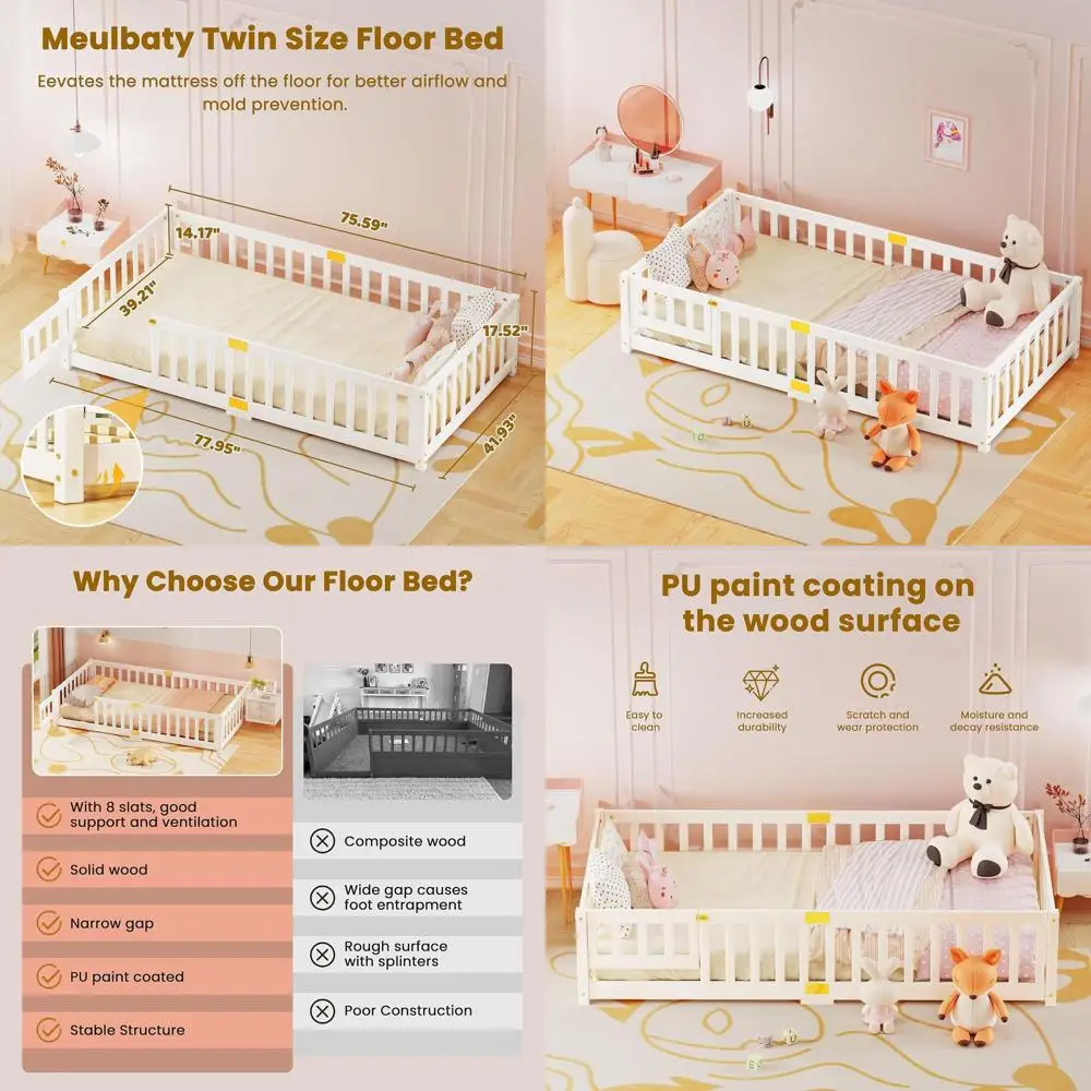 

Toddler Beds with Door, Enclosure, Slats, and Safety Rails for Boys and Girls in White