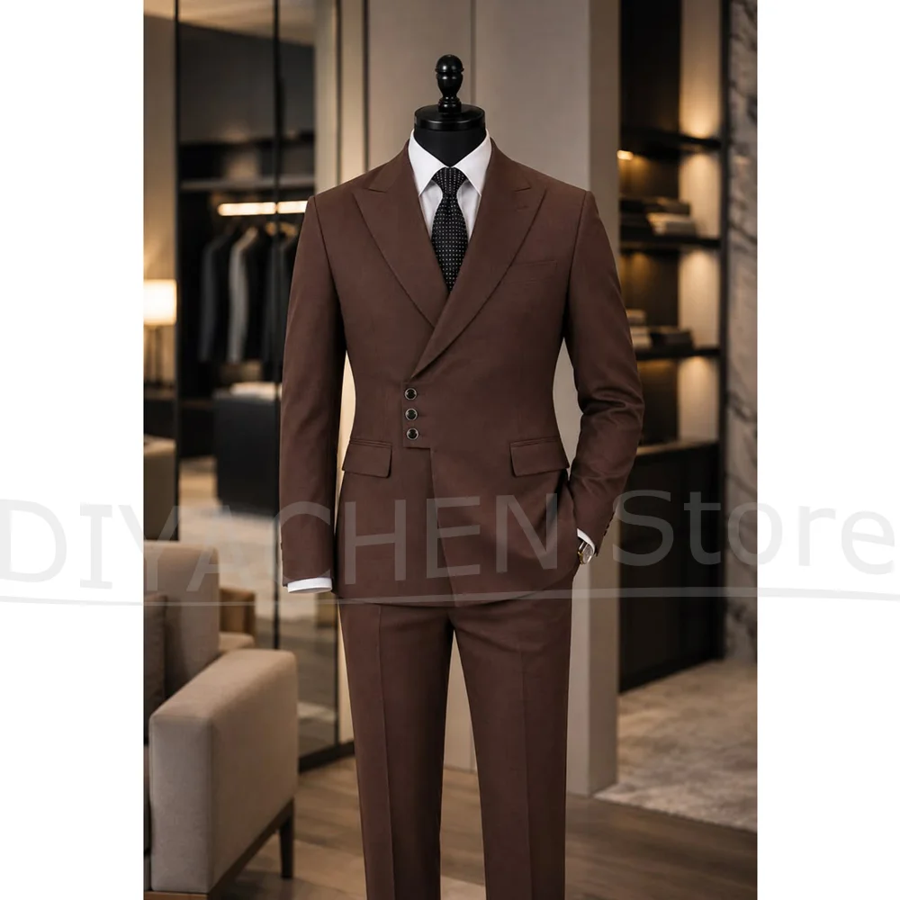 Men Brown Suit Set Peak Lapel Asymmetric Button Design Outfit Formal Business Party Wedding Tuxedo 2 Piece Jacket Pants