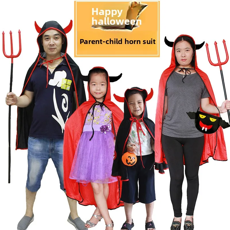 أزياء الهالوين للأطفال رداء قرون أداء عباءة الشيطان الوالدين والطفل الكبار اليقطين الملابس البوليستر المرحلة زي
