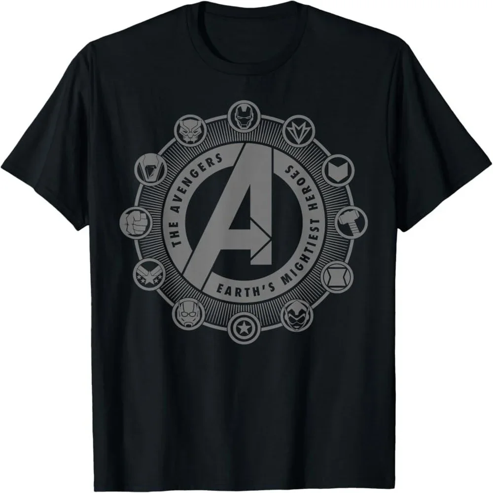 Marvel Avengers Earth's Mightiest Heroes Camiseta gráfica Camiseta de algodón premium Diseño de logotipo Ropa de superhéroe negra Tallas S-XXL