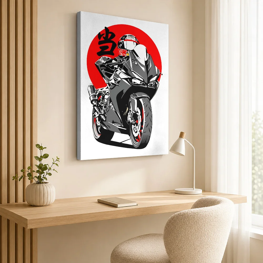 Motorcycle Rider With Japanese Symbol Framed Canvas Print Personalized Photo Bold Contours And Flat Colors Wall Art For Study