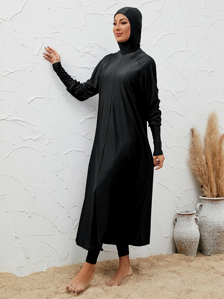 Long Sleeved Split Swimwear 2024 Woman Black Sunscreen Three Piece Muslim Swimsuit Solid Color Elegant Arabic Bathing Suit