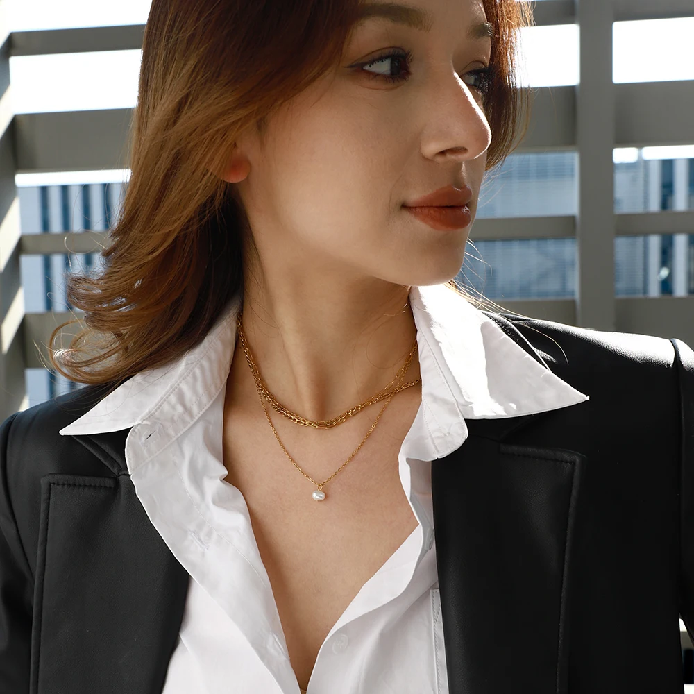 يوري لؤلؤ المياه العذبة الطبيعية قلادة ثلاث طبقات قلادة الوافدين الفولاذ المقاوم للصدأ موضة الأساسية اليومية مجوهرات مقاومة للماء #3