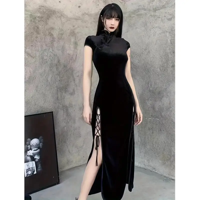 

Retro Chinese Velvet Dr Improved Version Cross-Border New Sle Women's Traditional Costume ort Sve T-irt