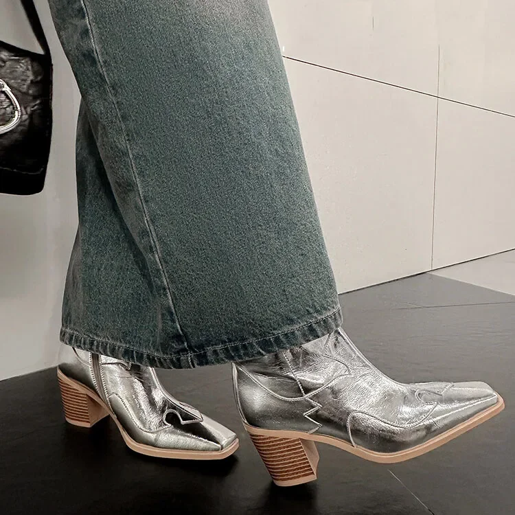

Metallic Leather Square Toe Chunky Heel Boots Side Zip Panel Embroidered Ankle Boats Slip-On Botines All-Season Women Shoes