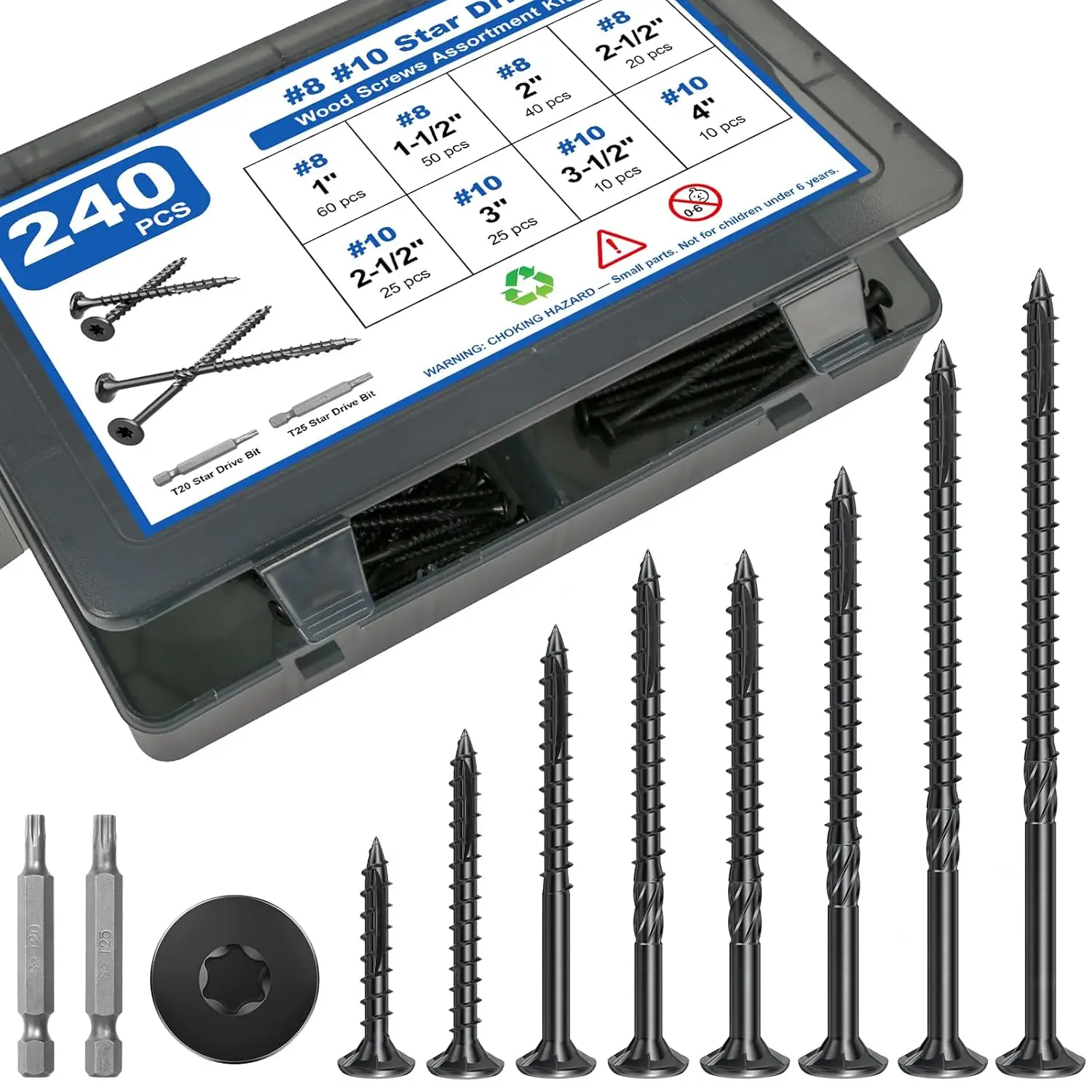 

Набор из 240 шт. различных шурупов по дереву, 8 размеров, с плоской головкой Torx, устойчивые к ржавчине, с насадкой Star Bit для деревообработки