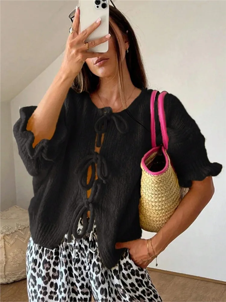 Luie stijl gebreide holle vest top met veters, nieuw product ronde hals negen kwart mouw trekkoord gebreide trui jas