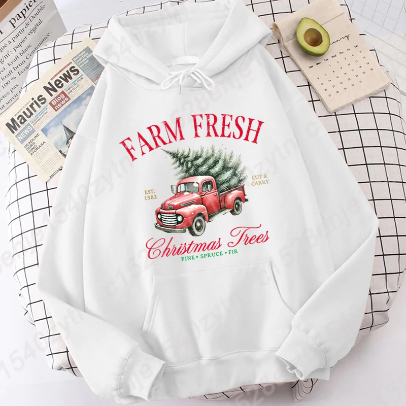 New Women Hoodie Farm Fresh Christmas Trees Pine Spruce Fir Print Autumn Winter Hoodies Loose Hooded Sweatshirt Pocket Pullovers