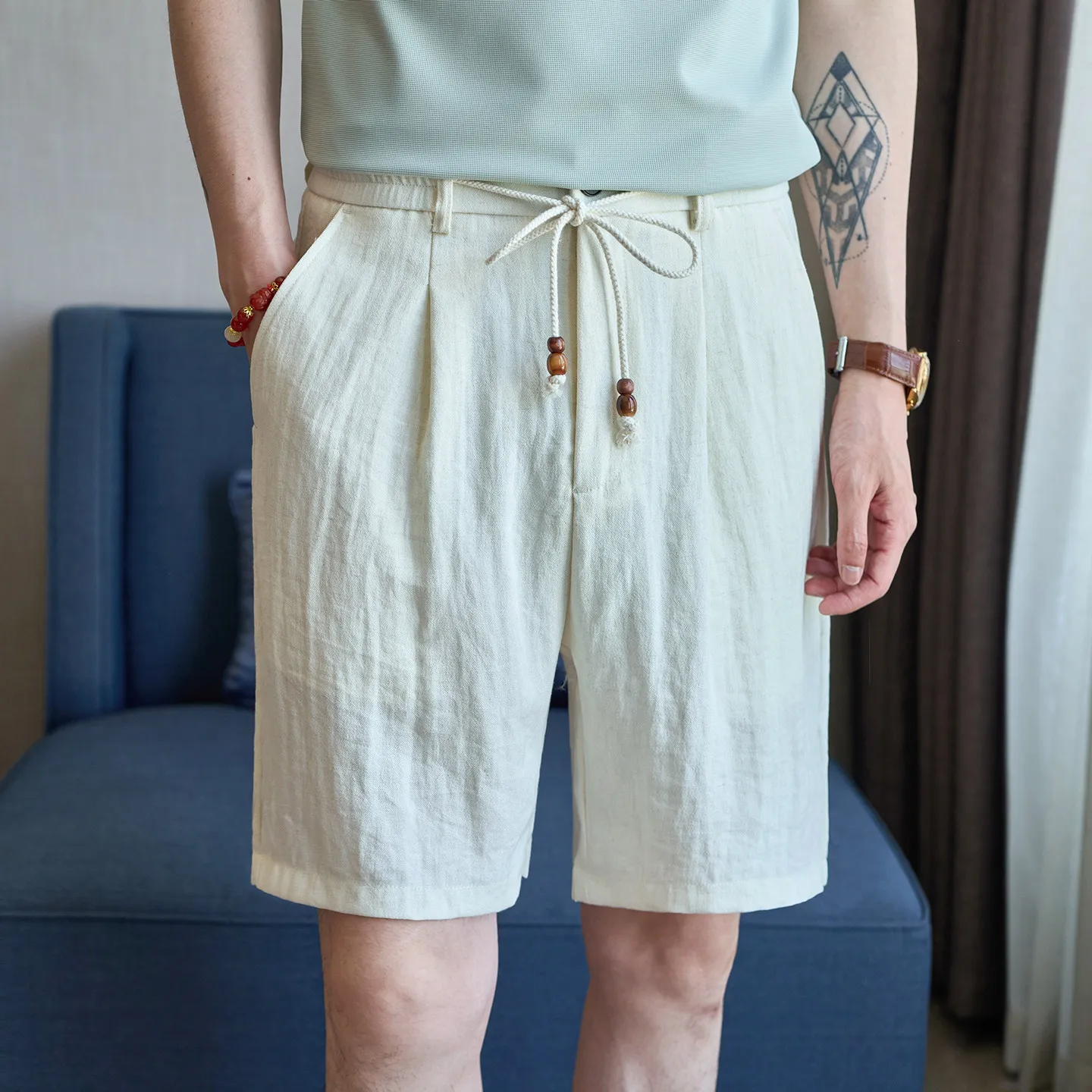 New Summer Thin Breathable Linen Casual Shorts Men Straight Leg Loose Fashion Mid Length Shorts Solid Lace up Five Quarter Pants