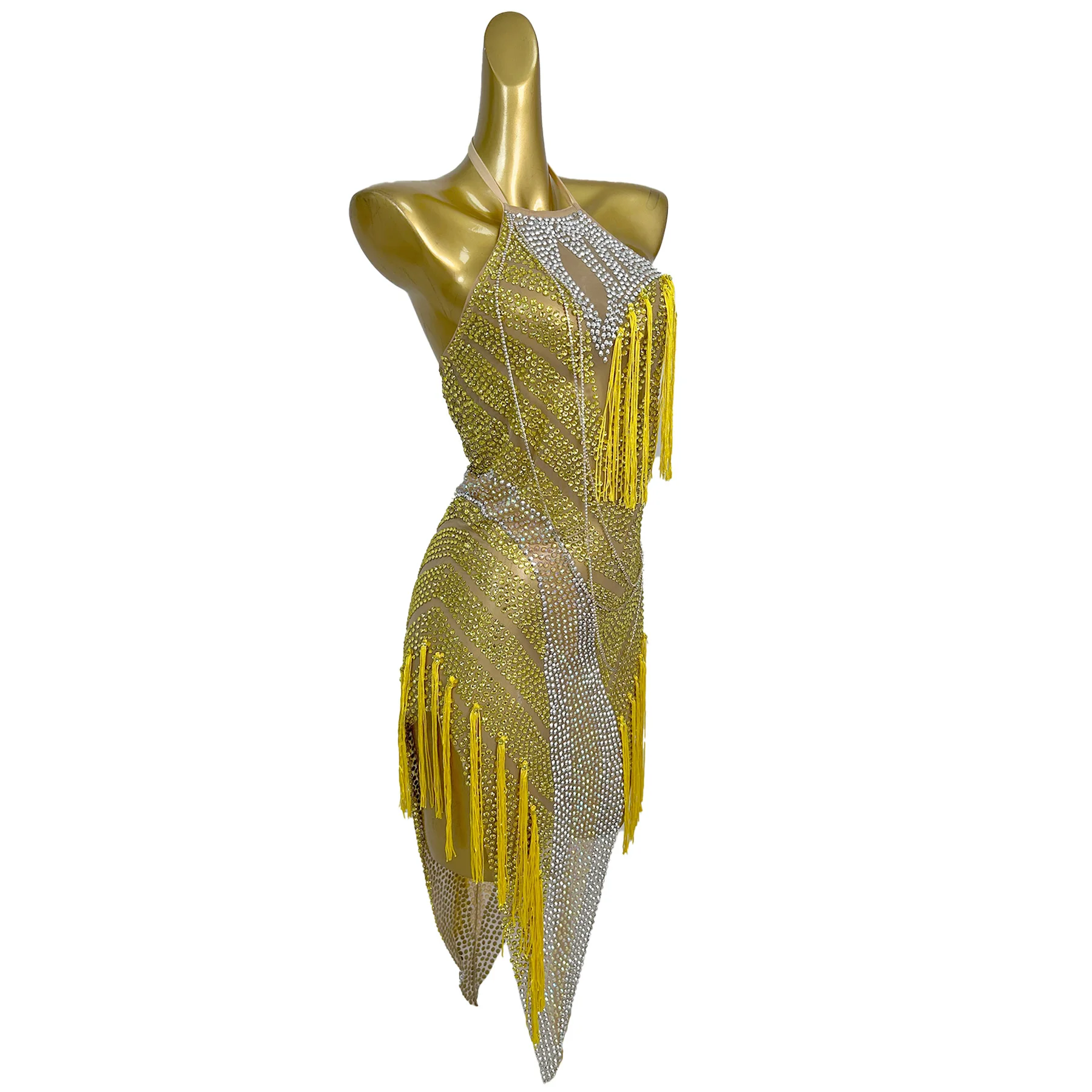 Qingning Luxus Frauen Latin Dance Kleid Glänzende Wasser Diamant Sexy Perspektive Mesh Hals Hängen Kleid Bar Homecoming Prom Kleider