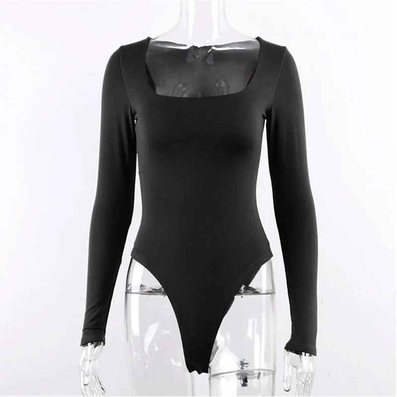 Bodysuit feminino de manga comprida com pescoço quadrado, macacão preto básico, bodycon sexy, bainha Virilha, Streetwear, Forefair, Dropshipping