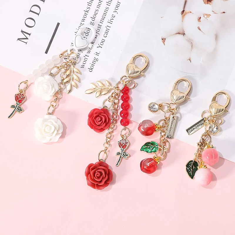 Resin Camellia Keychain Women Girls Sweet Pearl Tassel Rose Flower Keyring With Metal Leaf For Earphone Case Bag Car Decoration