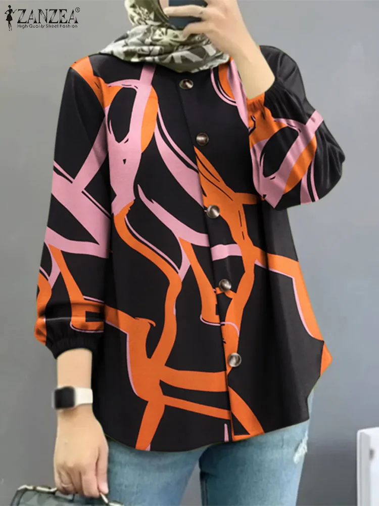 ZANZEA-blusa estampada de manga larga para mujer, Tops musulmanes, Vintage, Floral, Ramadán, Abaya, camisa informal con botones, otoño