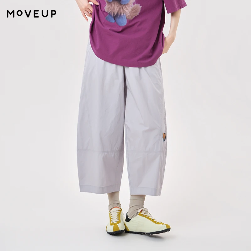 MOVEUP Straight Cropped Pants Elastic Drawstring Waist Cute Dachshund Embroidery Patch Casual Ankle Length Trousers 3ELX20147