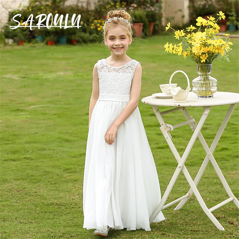 Lace O Neck Chiffon Flower Girl Dress Tank Sleeve A Line Children Formal Dresses Maxi Prom Dresses For Child