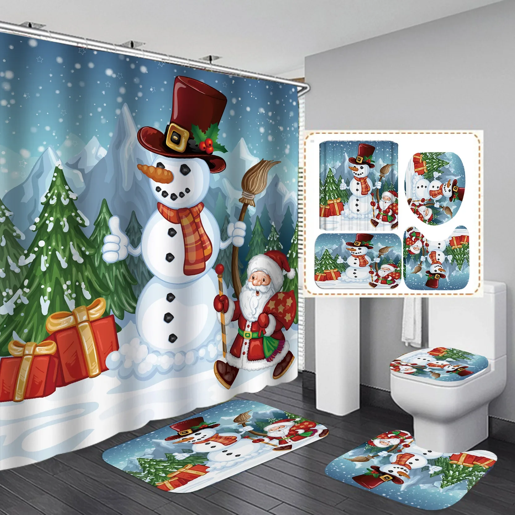Christmas Shower Curtain Set Santa Snowman Reindeer Xmas Print Waterproof Bath Curtain 3/4pcs Bathroom Holiday Decor
